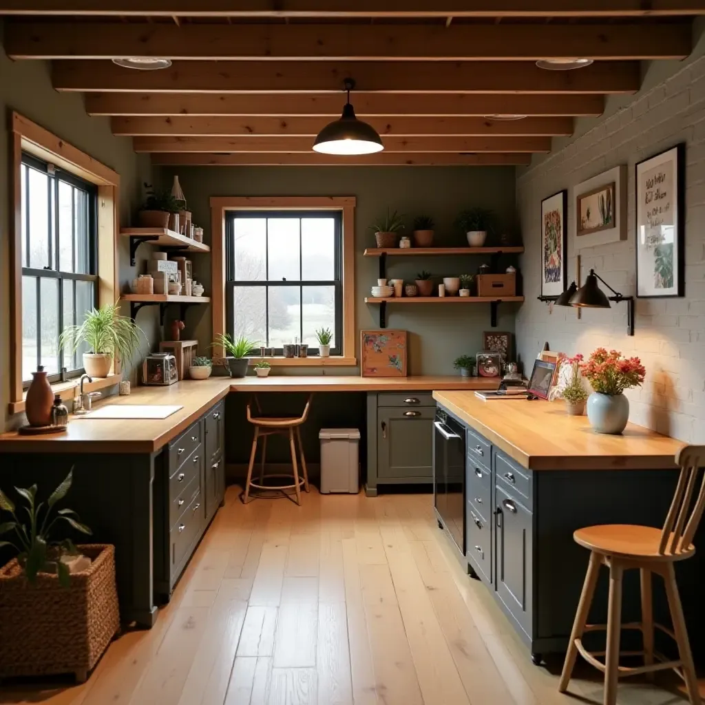 a photo of a basement craft room with wooden tables