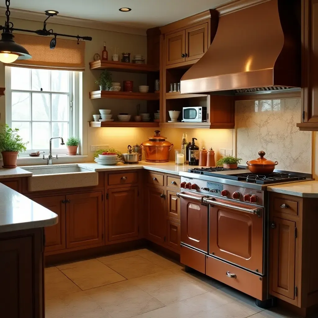 a photo of a vintage kitchen with copper appliances