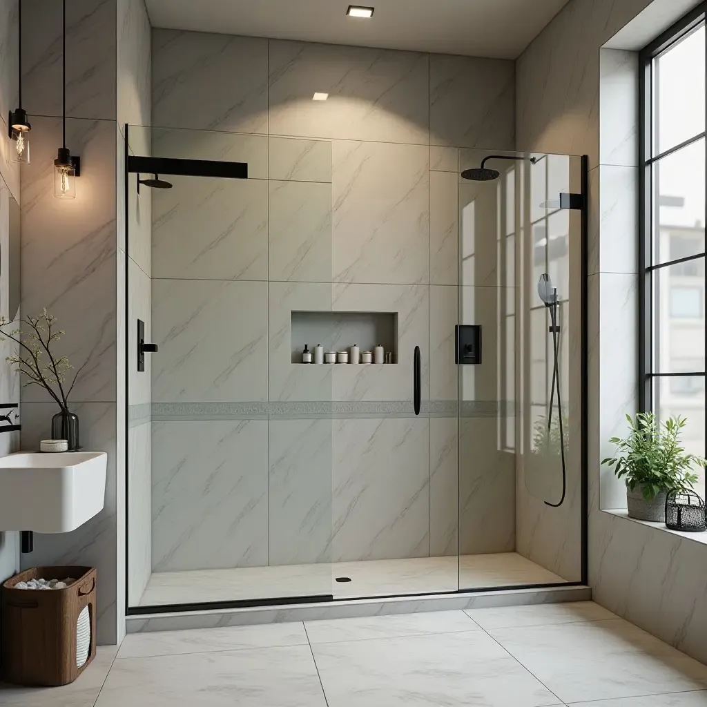 a photo of a shower with industrial-style glass doors