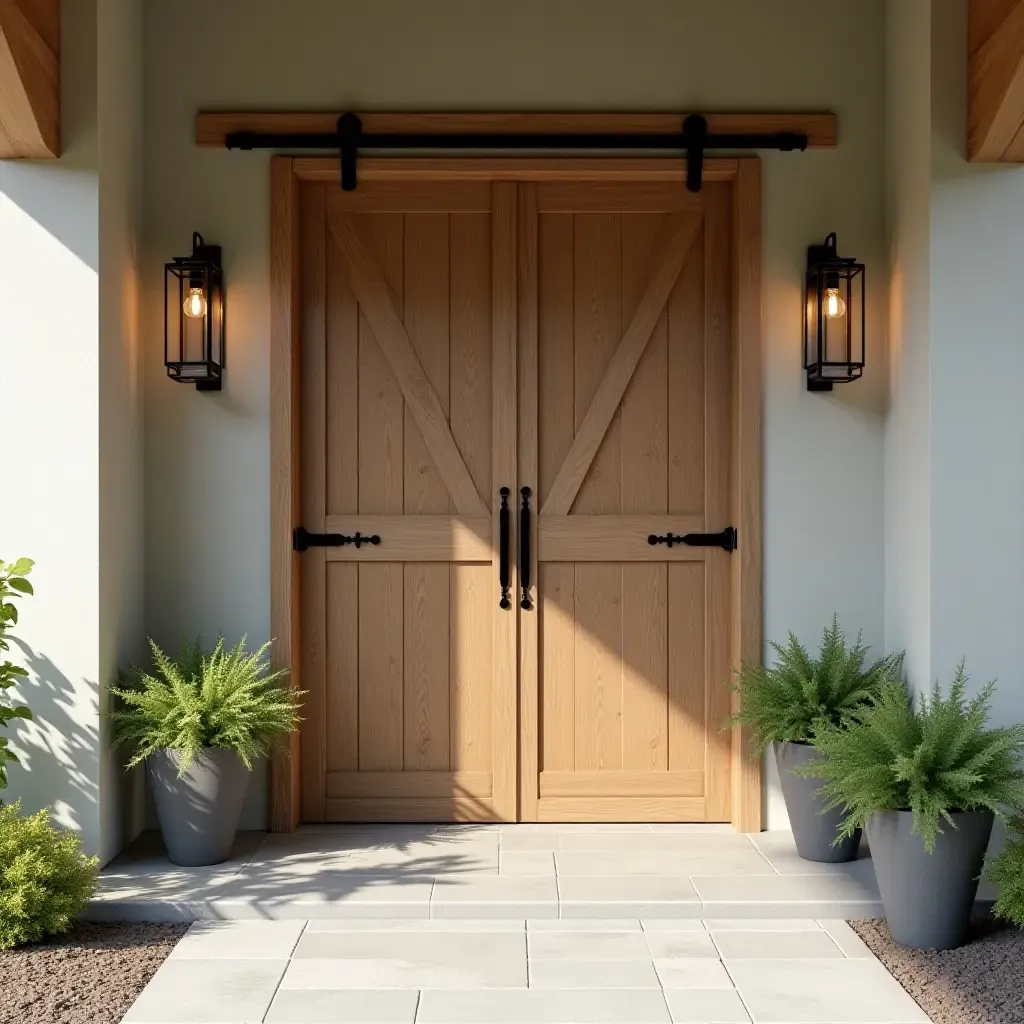 a photo of a rustic entryway featuring a sliding barn door and lanterns