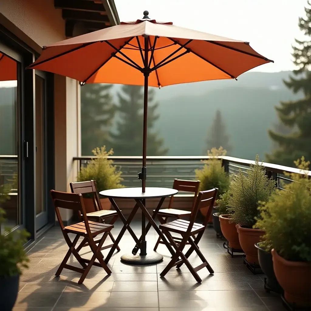 a photo of a balcony with a vintage folding table and chairs under an umbrella