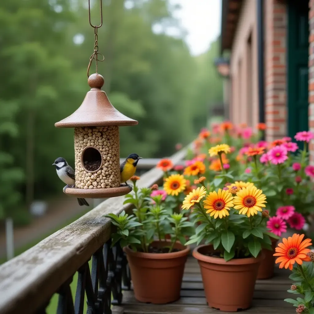 a photo of a balcony with a charming bird feeder and potted flowers