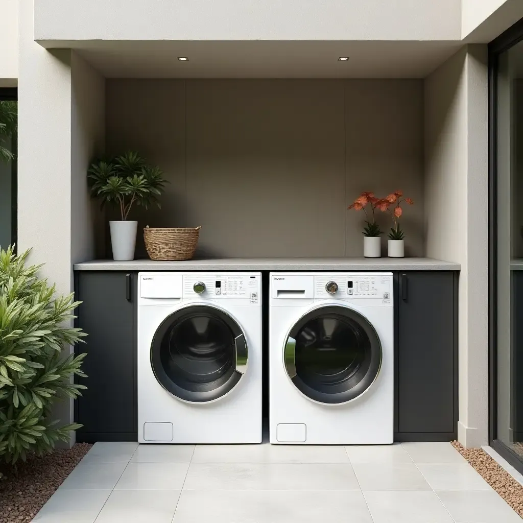 a photo of a minimalist outdoor laundry setup with sleek appliances and a stone countertop