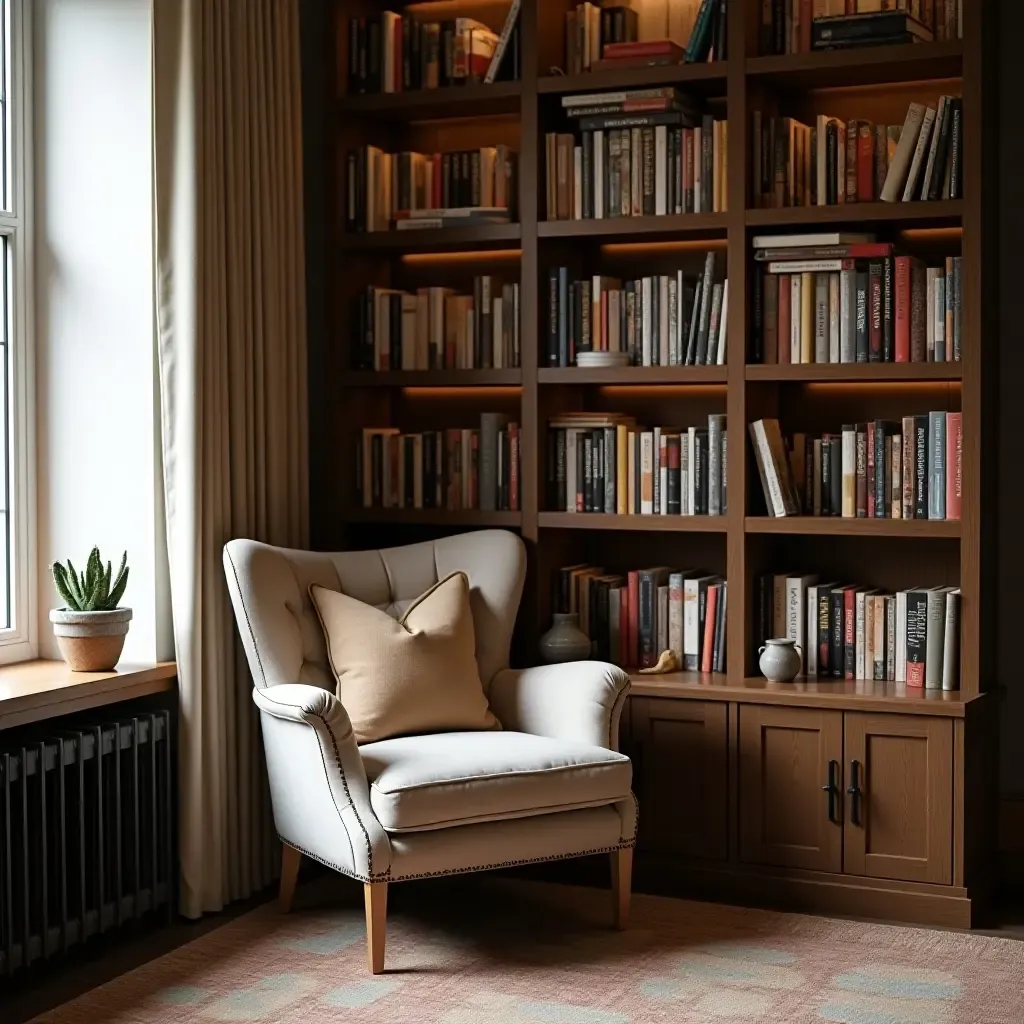 a photo of a reading nook with a cozy armchair and a bookshelf