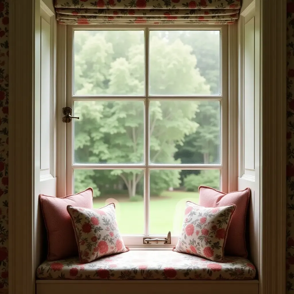 a photo of a quaint window seat with floral cushions and a view of nature