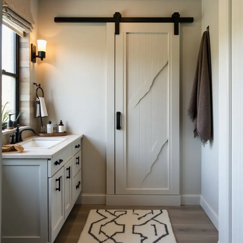 a photo of a small bathroom featuring a barn door and rustic decor