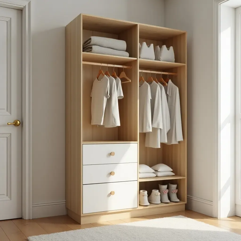 a photo of a wooden closet organizer in a nursery