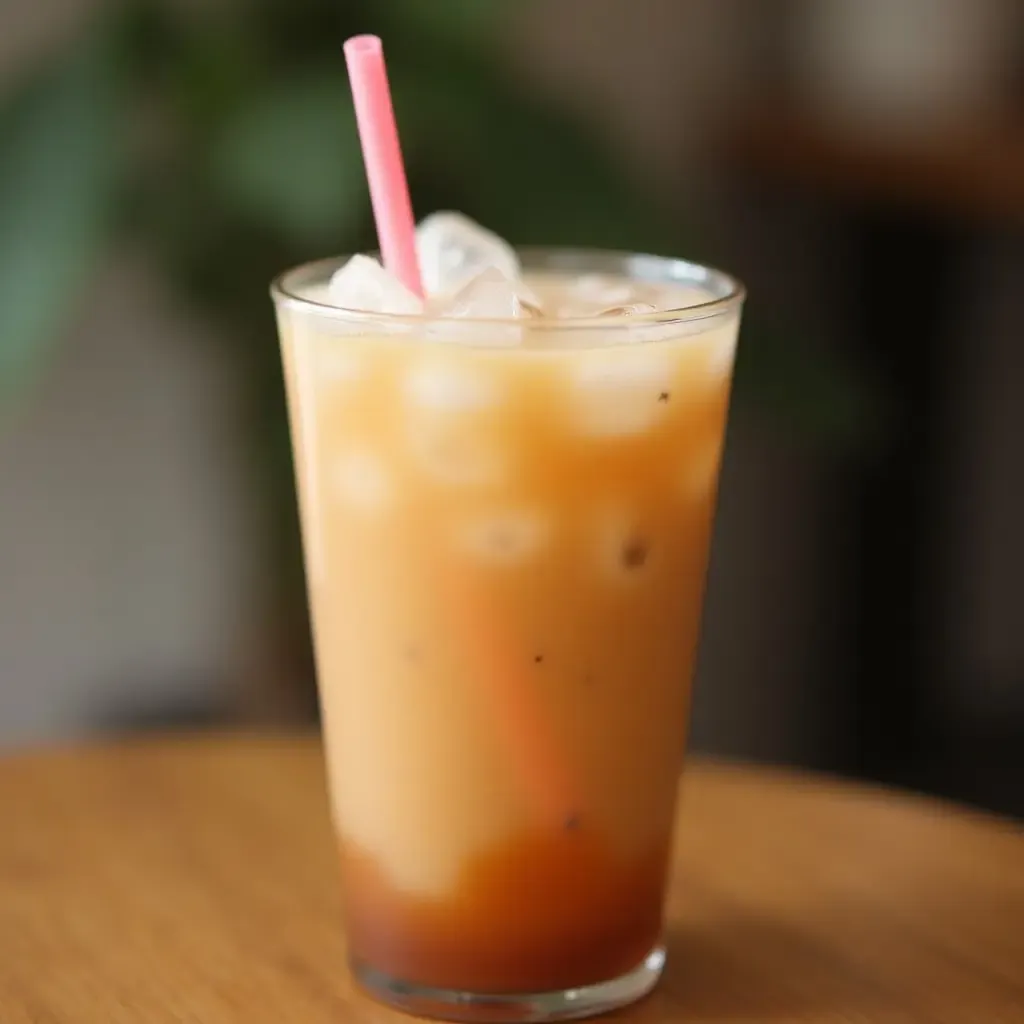 a photo of coconut milk-infused Thai iced tea with ice and a straw.