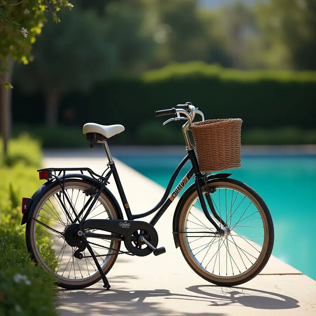 a photo of a vintage bicycle parked next to a poolside path