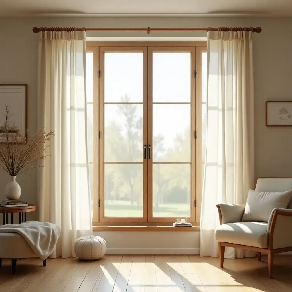 a photo of a living room with wooden window frames and soft curtains