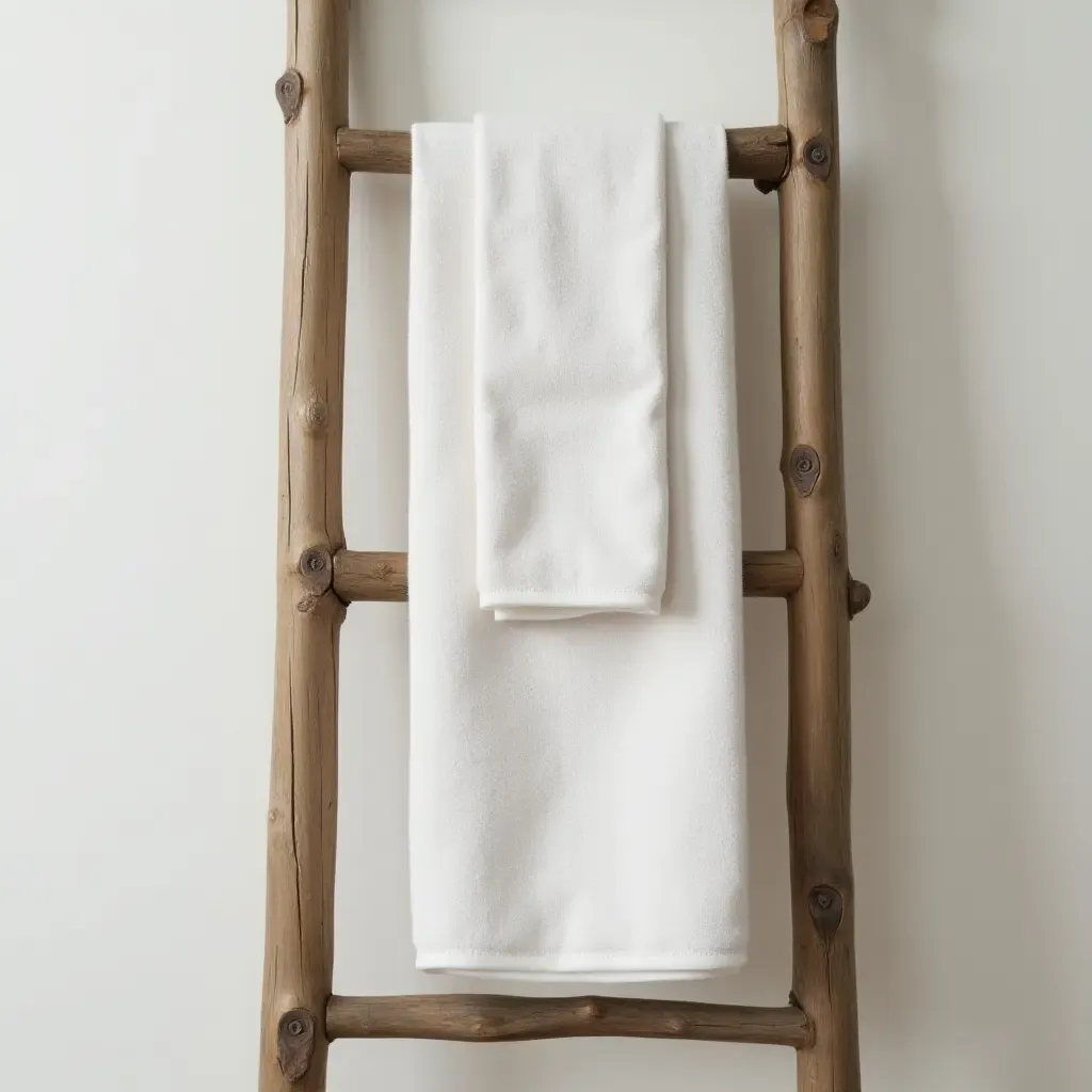 a photo of a rustic wooden ladder used for hanging towels