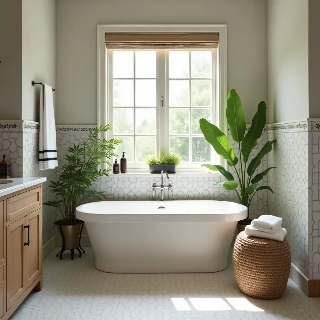 a photo of a farmhouse bathroom with a large soaking tub and greenery