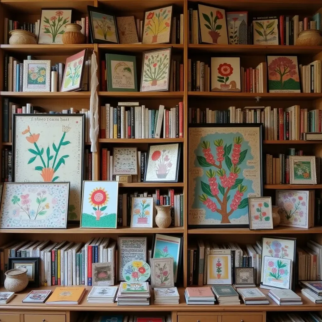 a photo of a library wall displaying handmade art and crafts