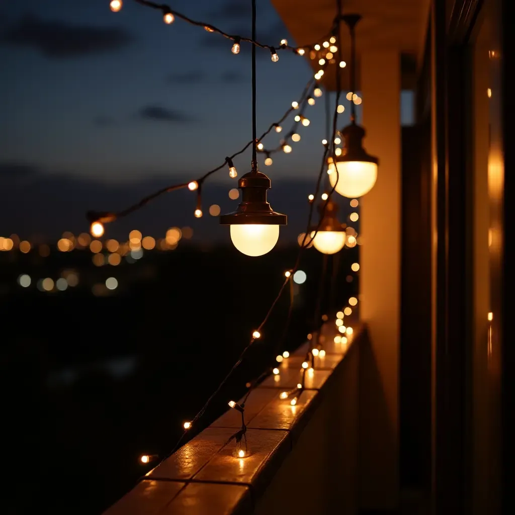 a photo of a balcony with pendant lights and string lights combination