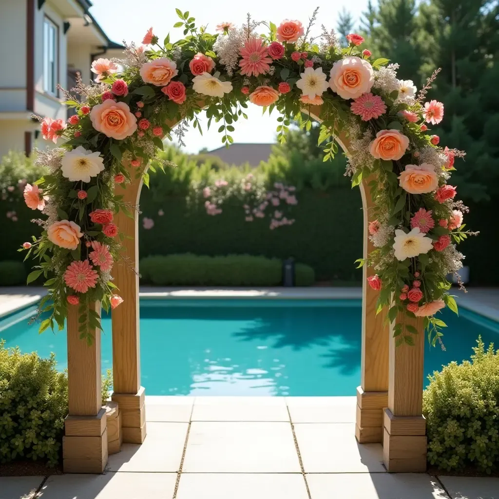 a photo of a wooden archway adorned with flowers near the pool