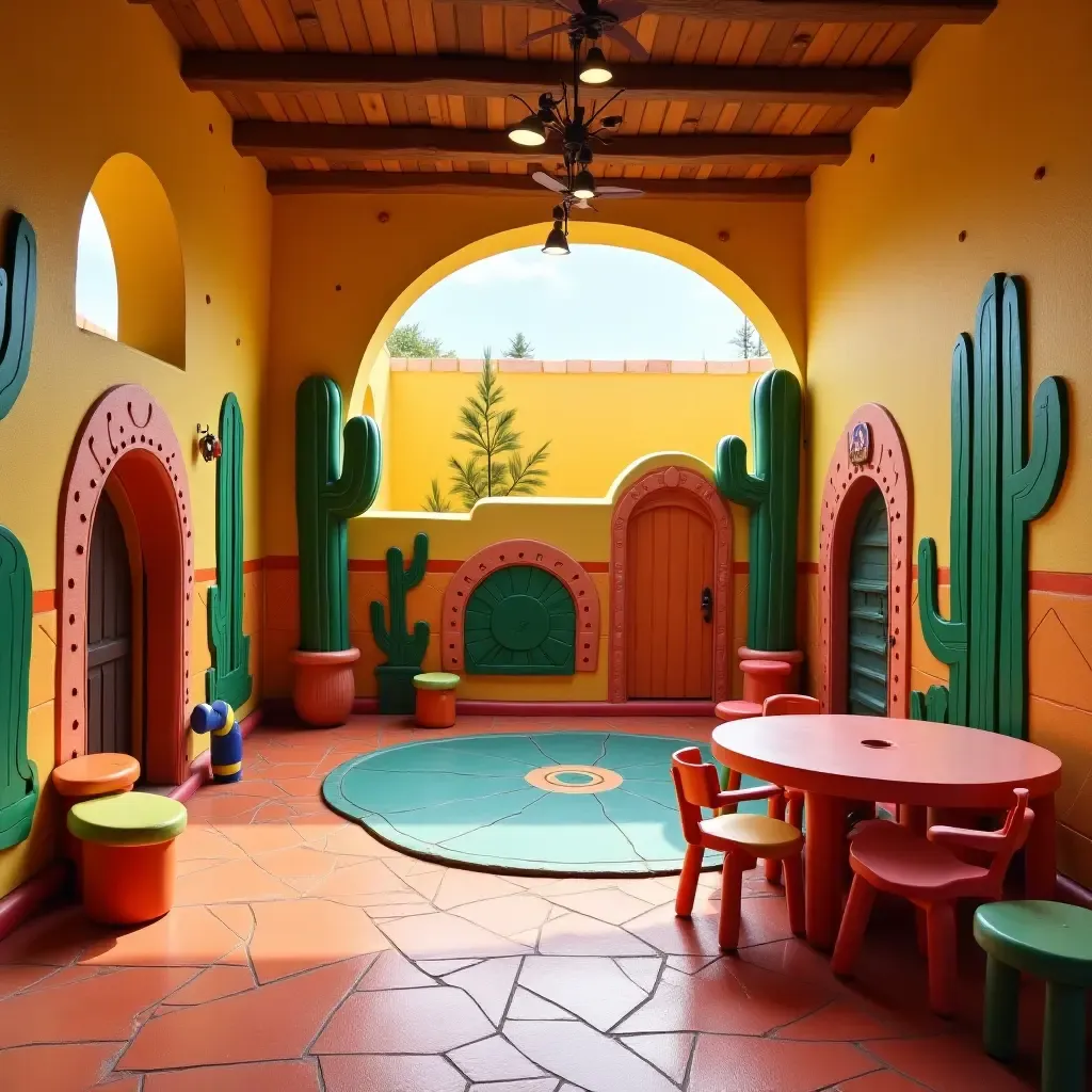 a photo of a lively children’s play area with colorful murals and playful Mexican motifs