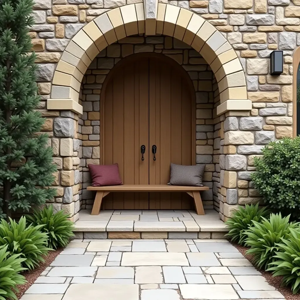 a photo of an entrance featuring a beautiful stone arch and rustic bench