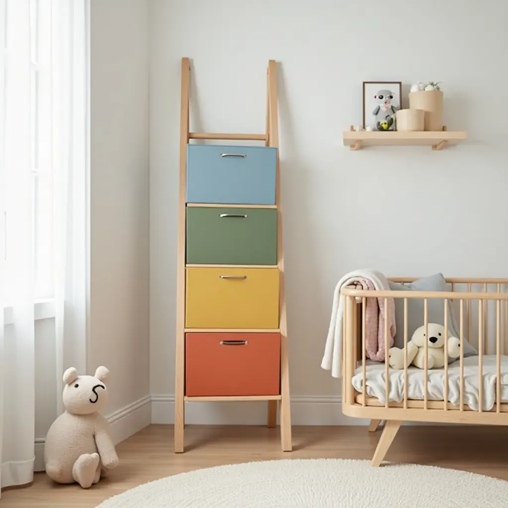 a photo of a nursery with a fun, colorful storage ladder