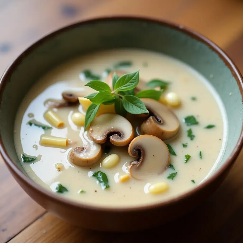 a photo of Thai coconut milk soup with lemongrass and mushrooms in a bowl.