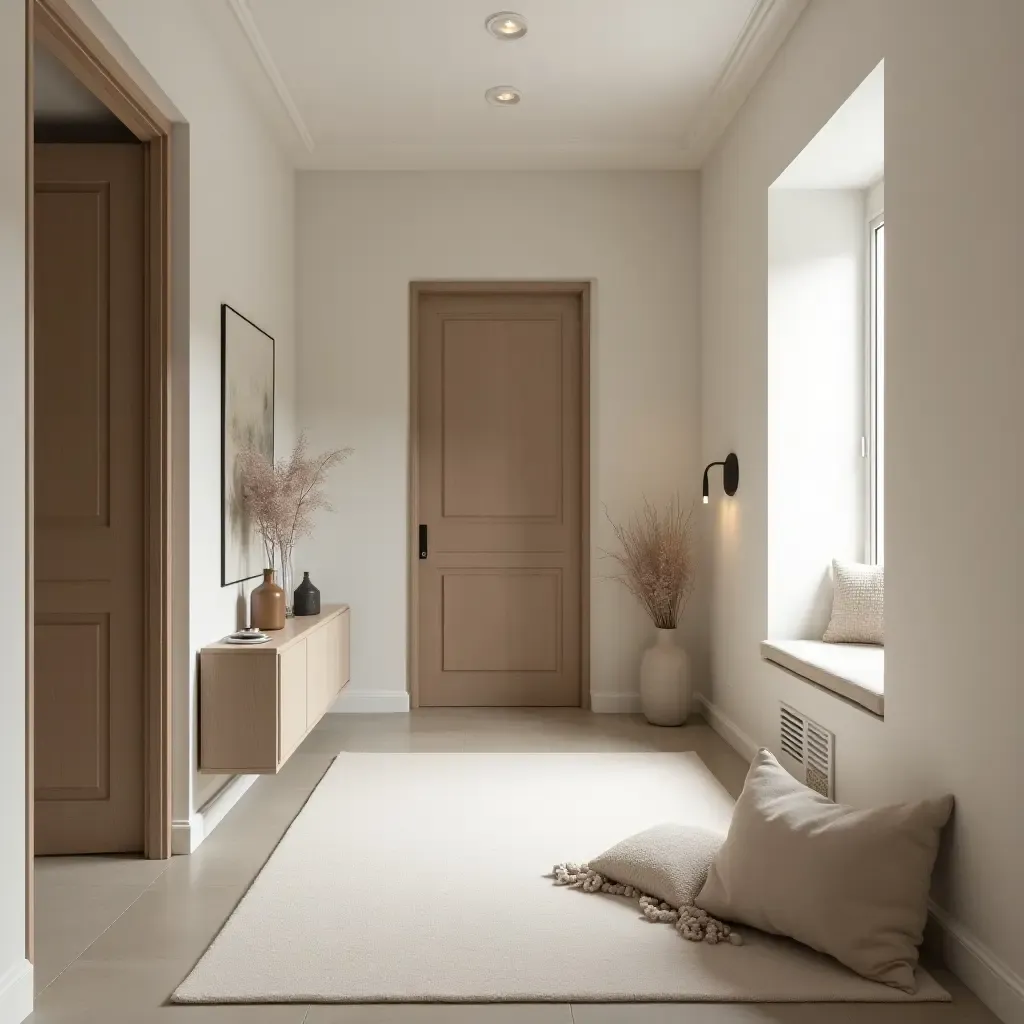 a photo of a stylish hallway with a neutral color palette and cozy textiles