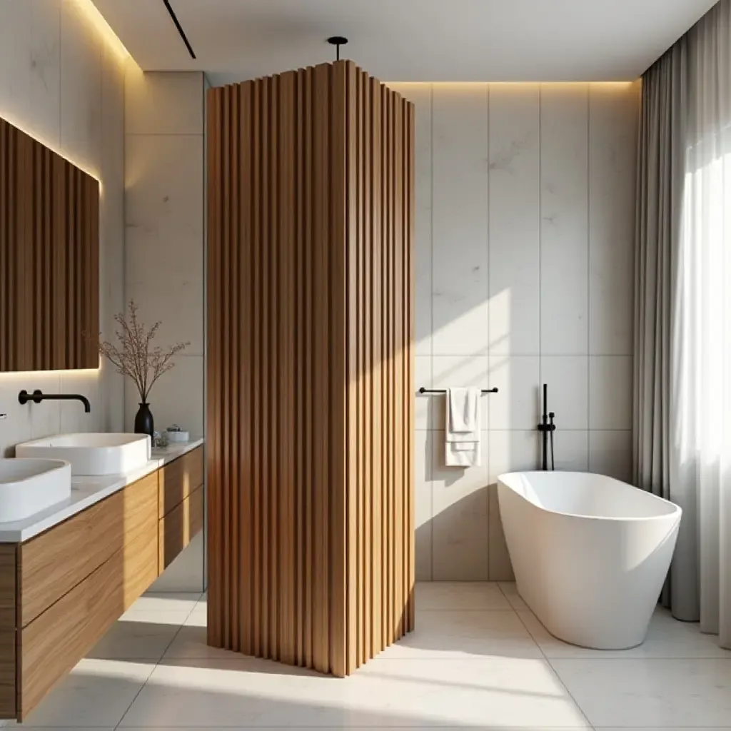 a photo of a wooden privacy screen in a bathroom setting