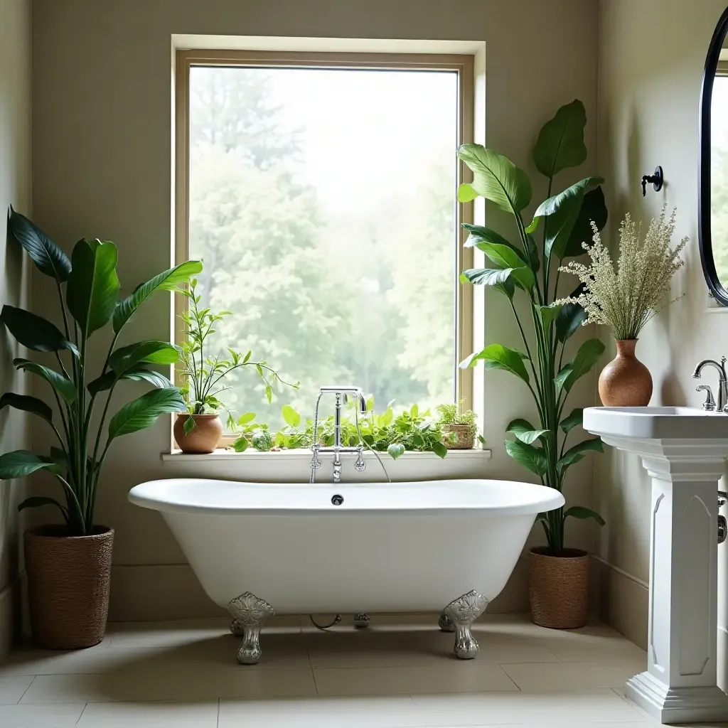 a photo of a bathroom featuring a clawfoot tub and greenery