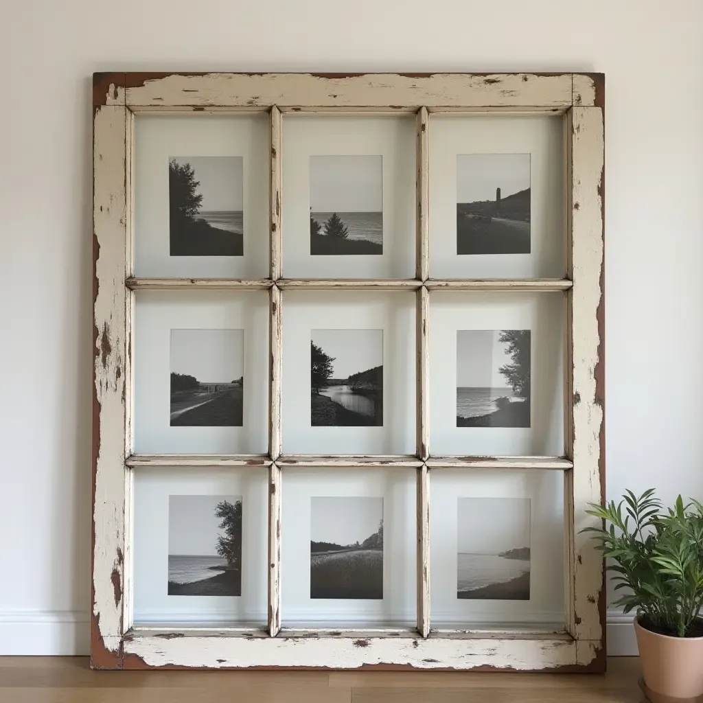 a photo of a repurposed window frame acting as a photo display