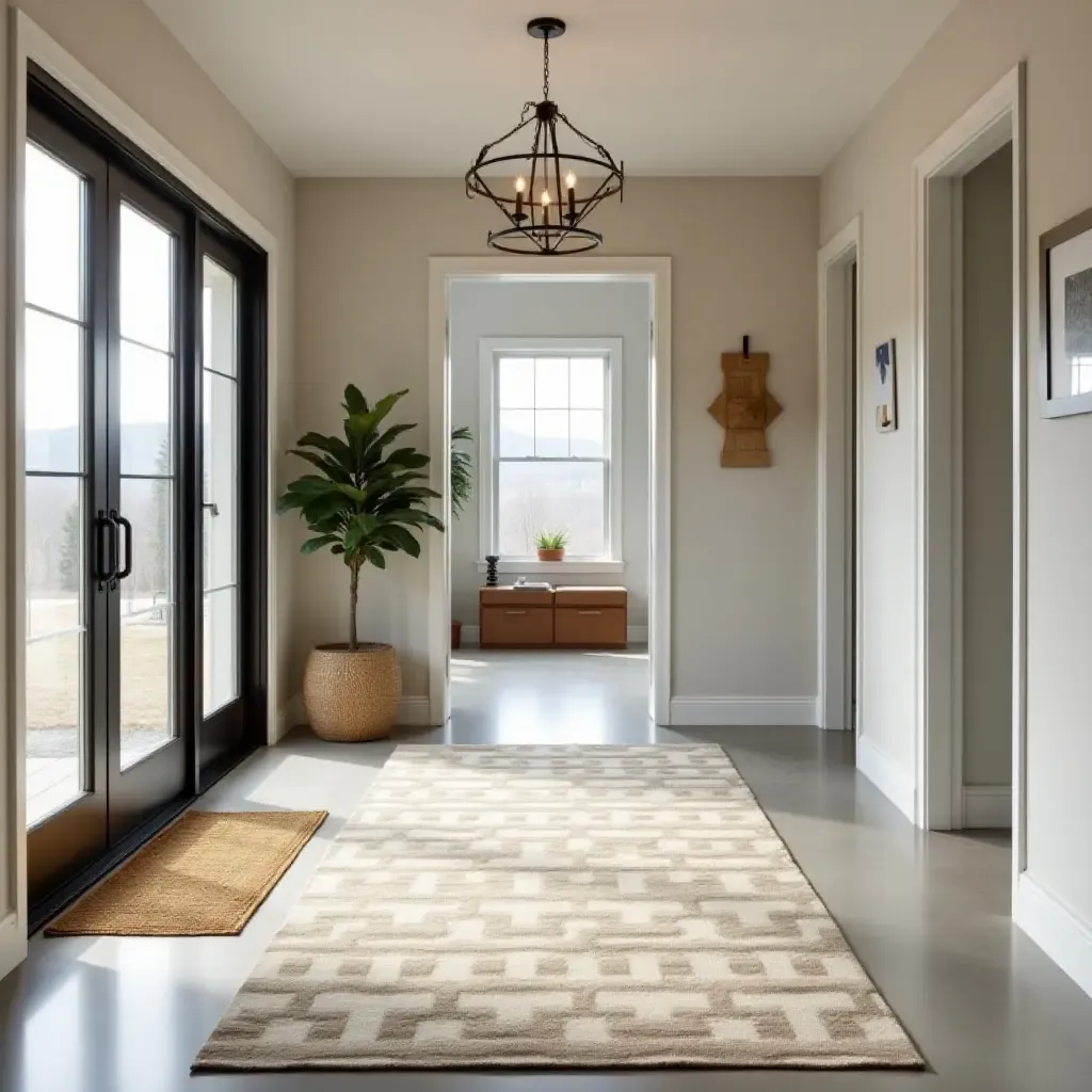 a photo of an entrance hall featuring metallic accent rugs