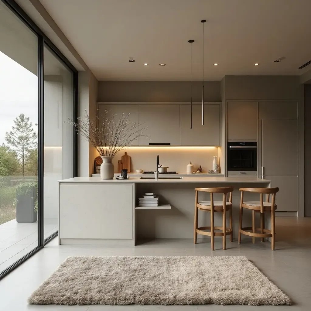 a photo of a sleek kitchen with a high-pile rug for comfort