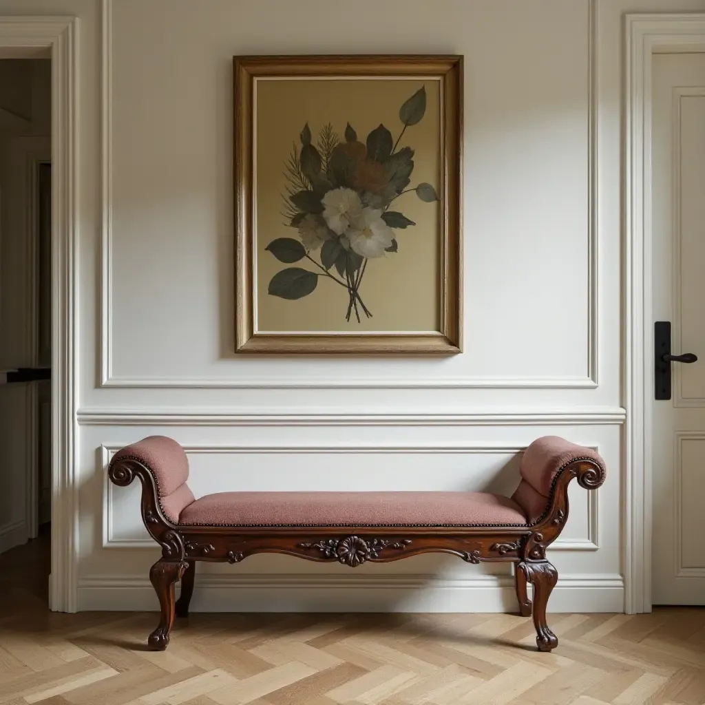 a photo of a vintage-inspired bench with intricate carvings in a classic entryway