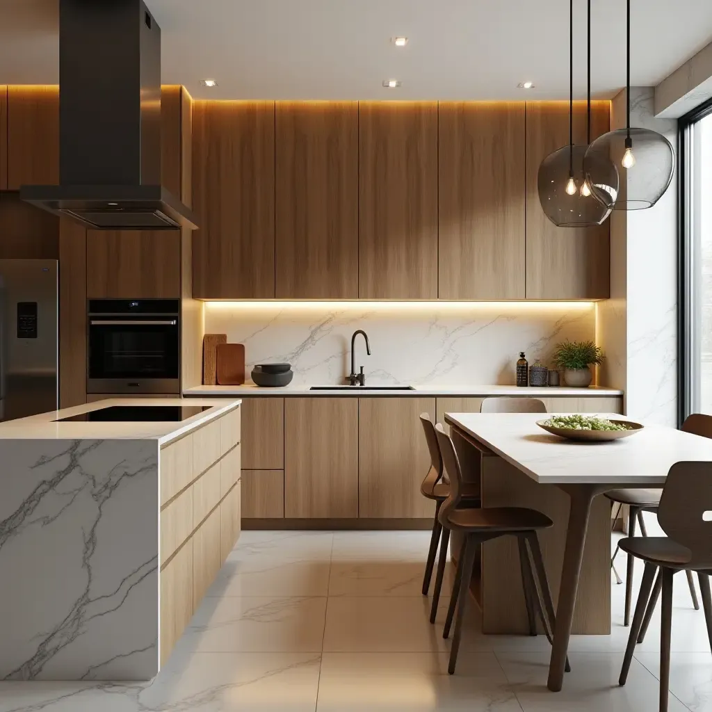 a photo of a kitchen with wooden accents and elegant finishes