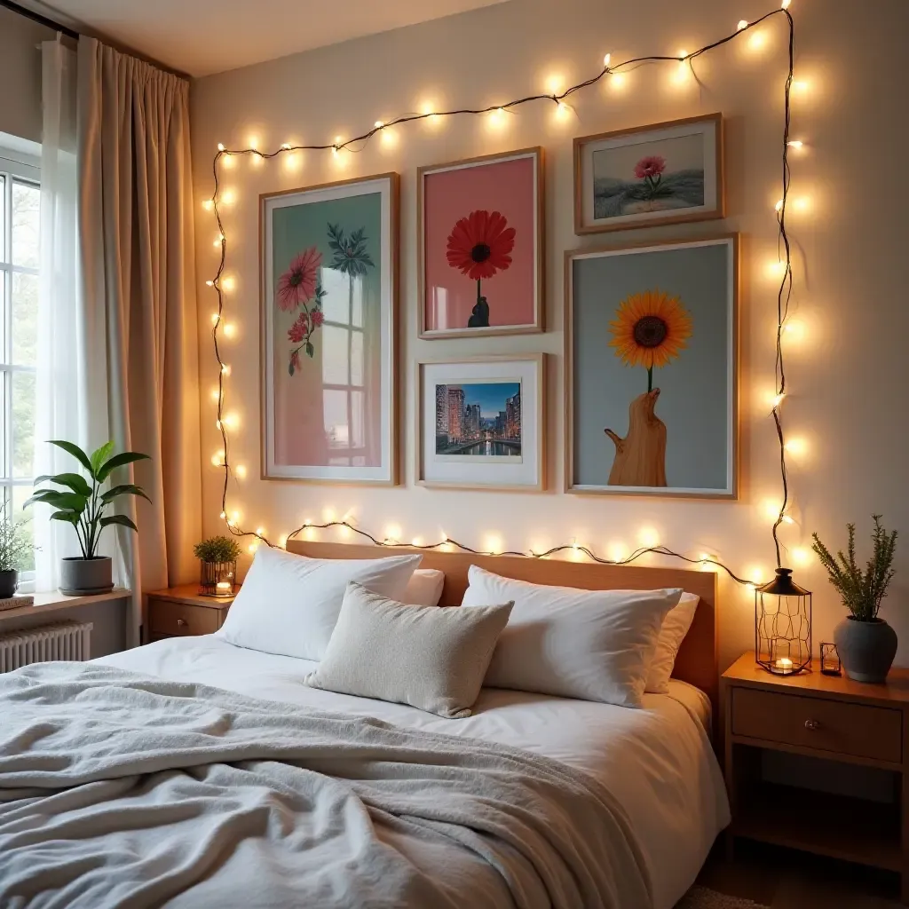 a photo of a vibrant gallery wall with DIY art pieces and fairy lights in a cozy bedroom