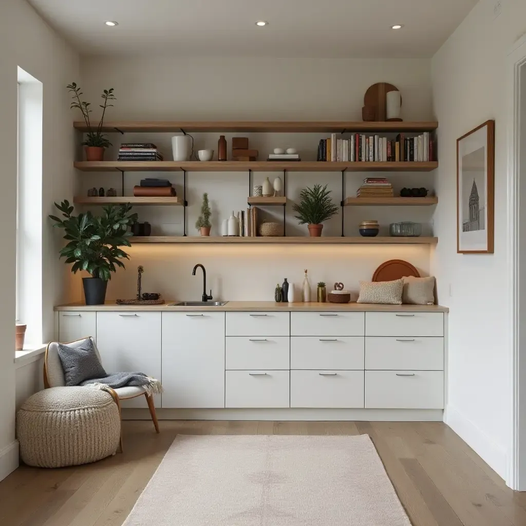 a photo of a chic Scandinavian basement with open shelving and decorative accents