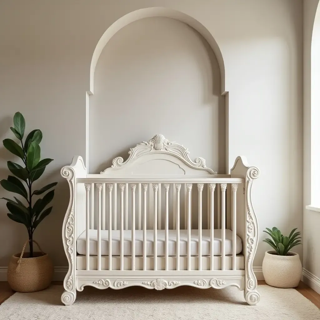 a photo of a nursery featuring a Mediterranean-style crib with intricate details