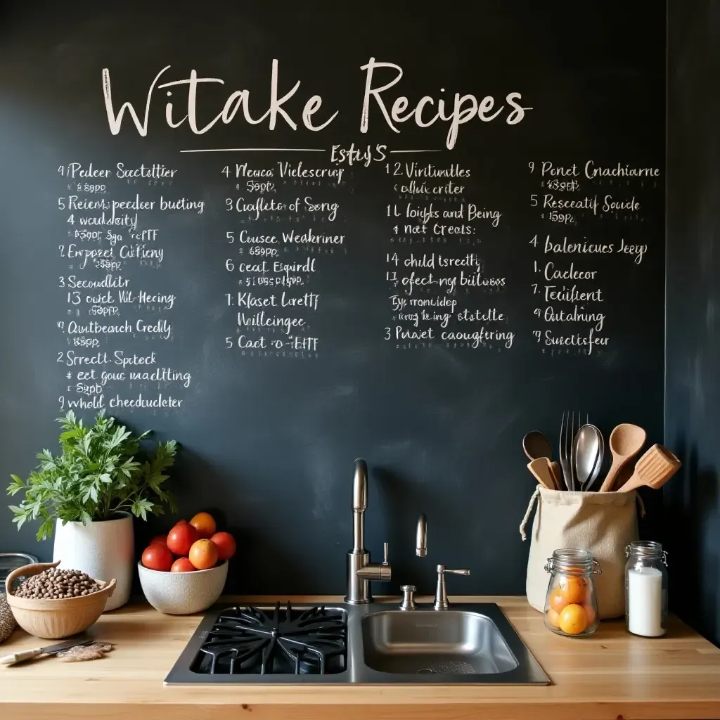 a photo of a chalkboard wall with creative recipe ideas in a kitchen