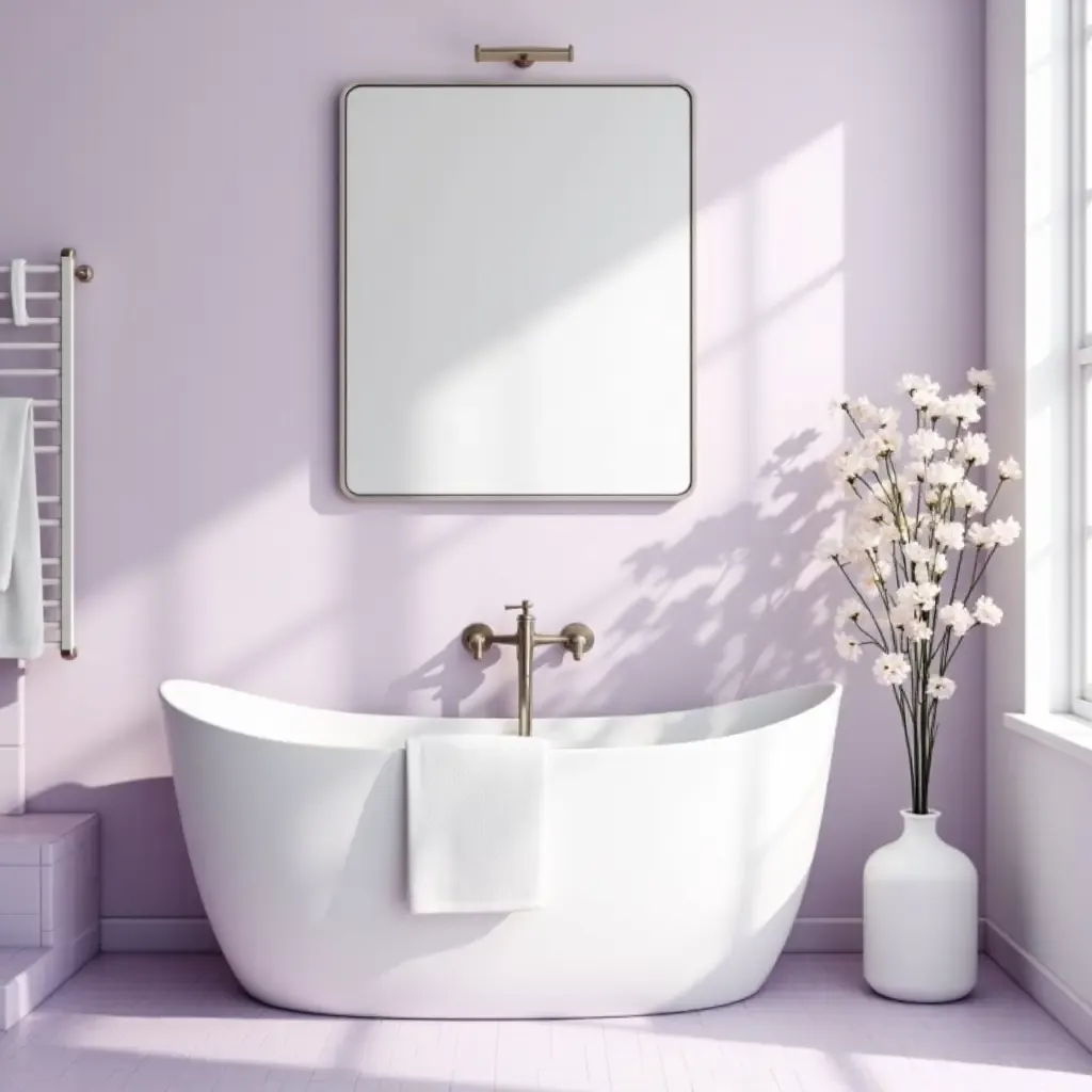 a photo of a soft lavender and white bathroom with floral touches