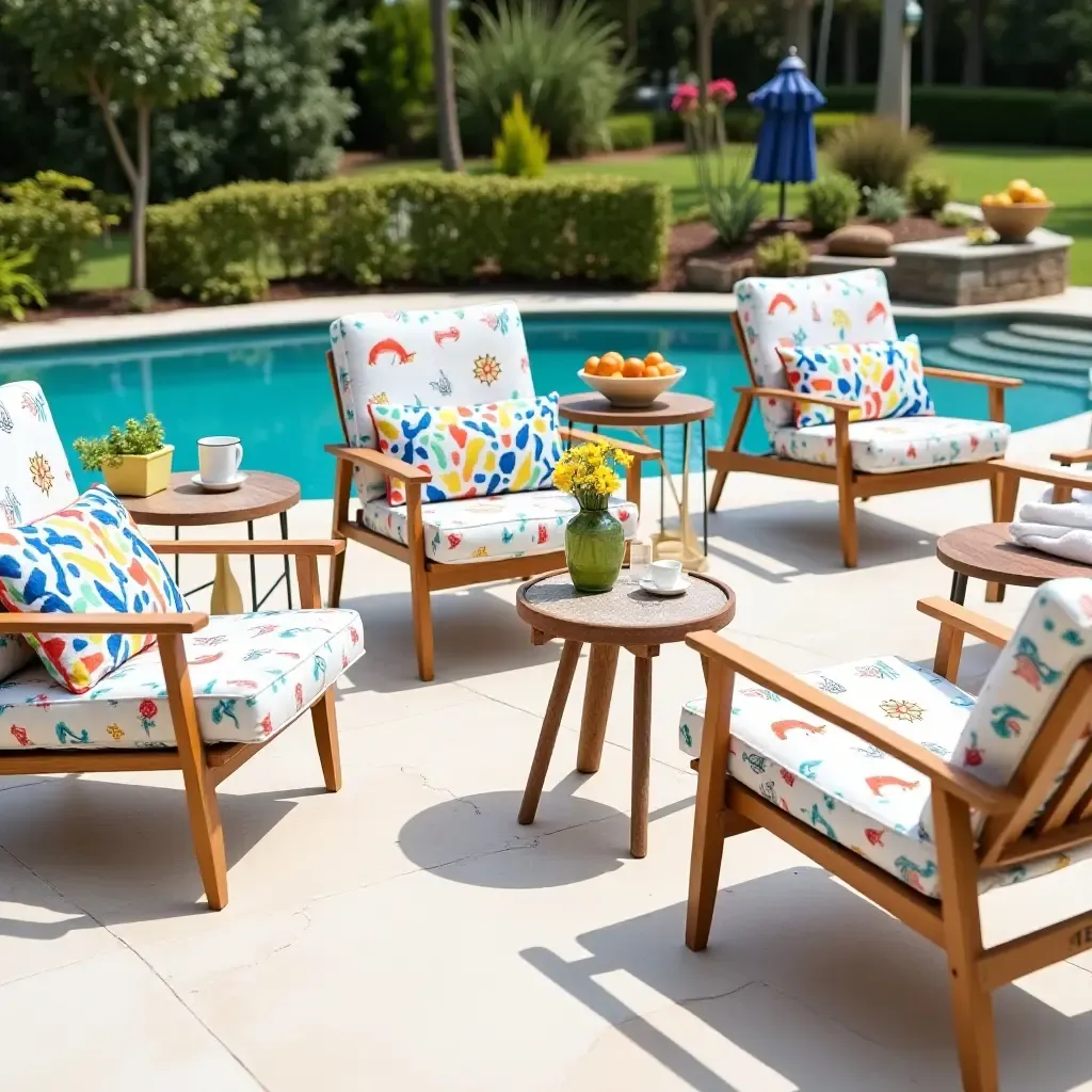 a photo of a family-friendly poolside space featuring playful fabric designs, sturdy wood furniture, and colorful metal decor