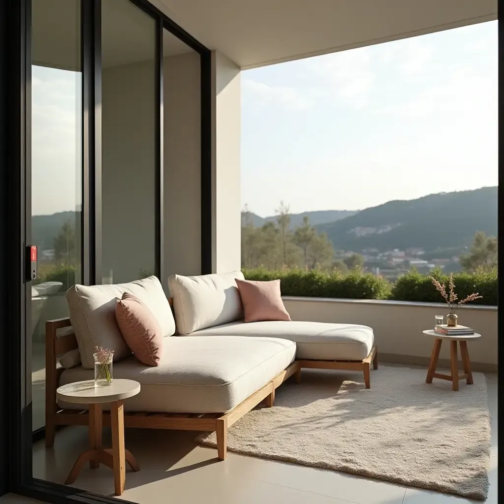 a photo of a balcony with throw pillows styled for relaxation