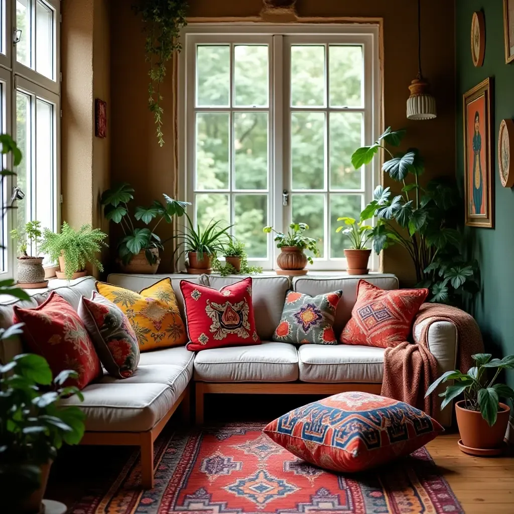 a photo of a bohemian reading nook with colorful textiles and plants