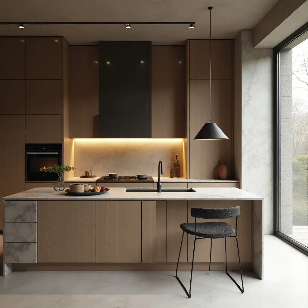 a photo of a minimalist kitchen with a mix of wood, stone, and metal finishes