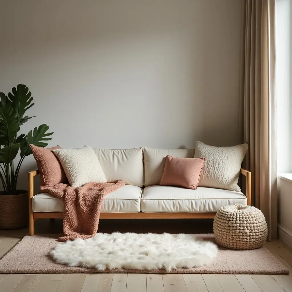 a photo of a cozy nook with a plush rug and oversized pillows