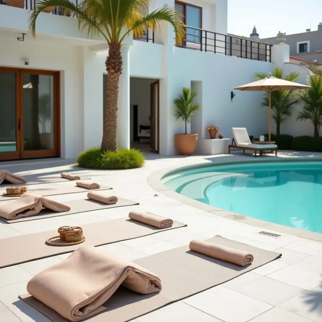 a photo of a poolside yoga space with Scandinavian-inspired mats and decor