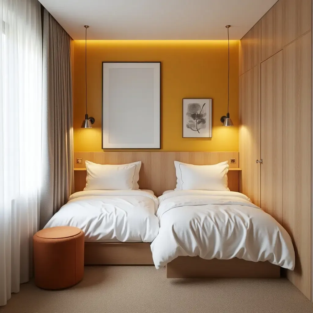 a photo of a compact shared bedroom with space-saving furniture and bright accents