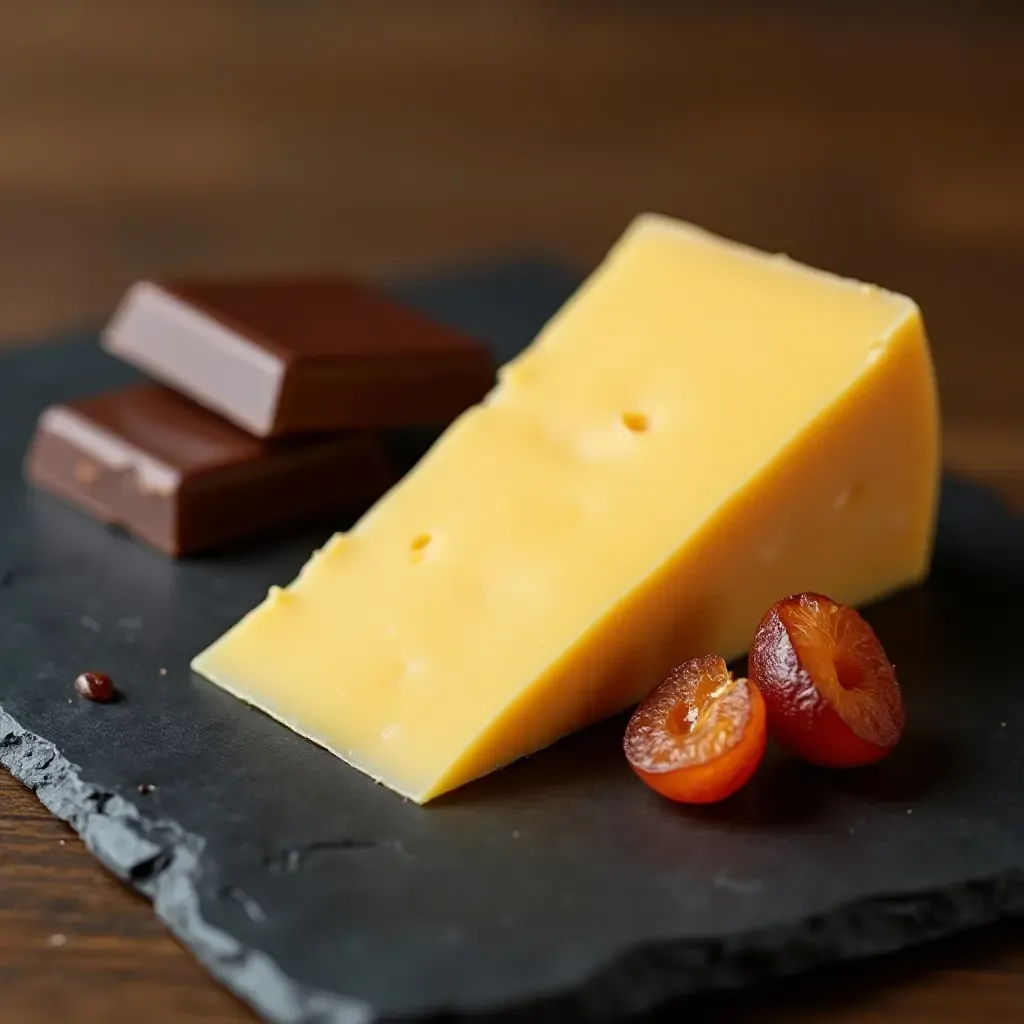 a photo of gouda paired with dark chocolate and dried apricots on a slate platter.