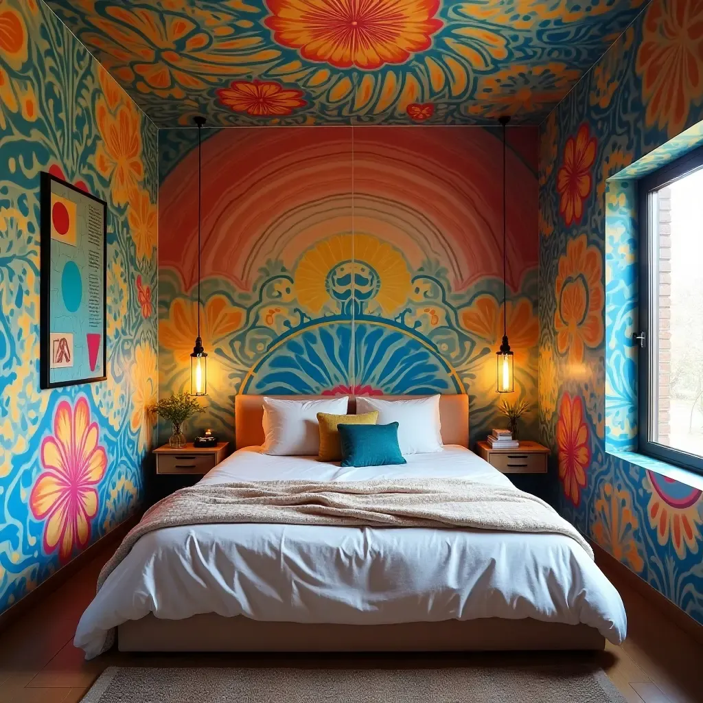 a photo of a small bedroom with a vibrant mural