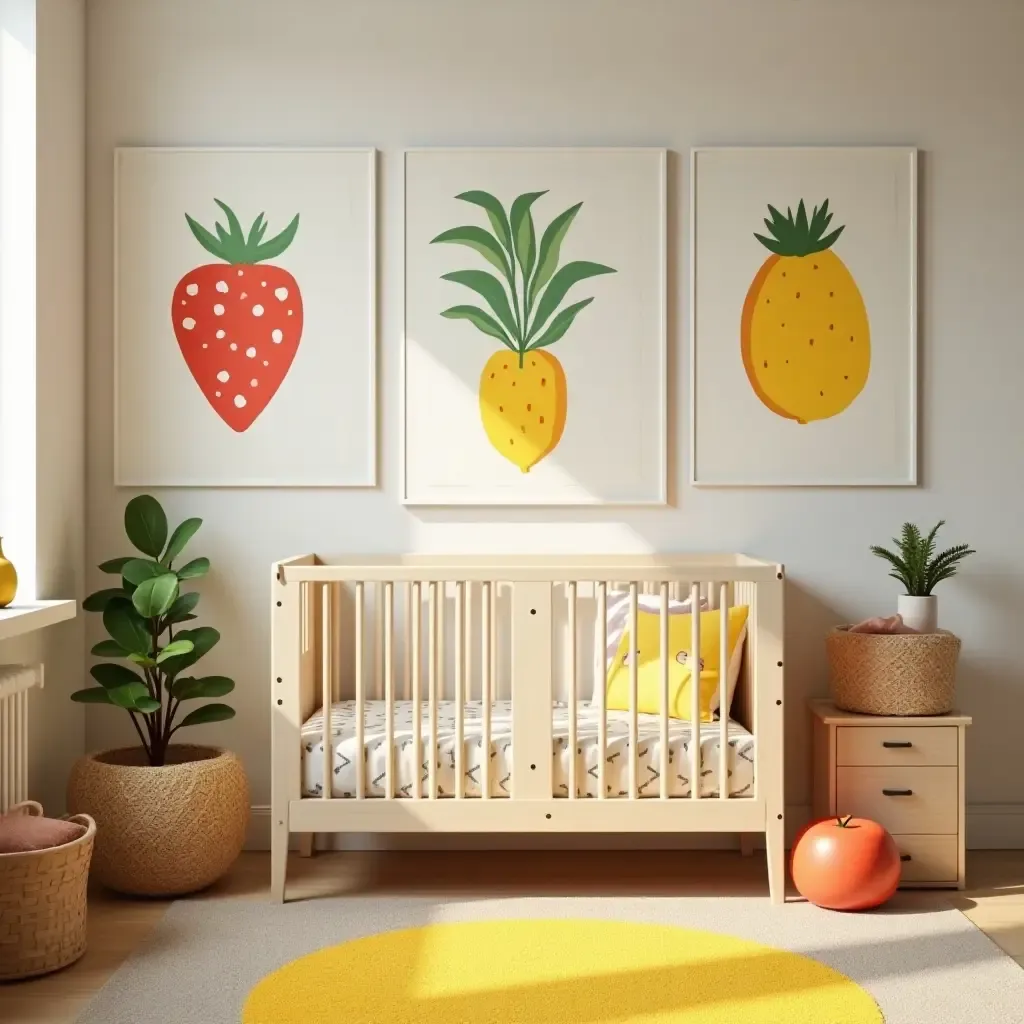 a photo of a nursery adorned with cheerful fruit-themed decor