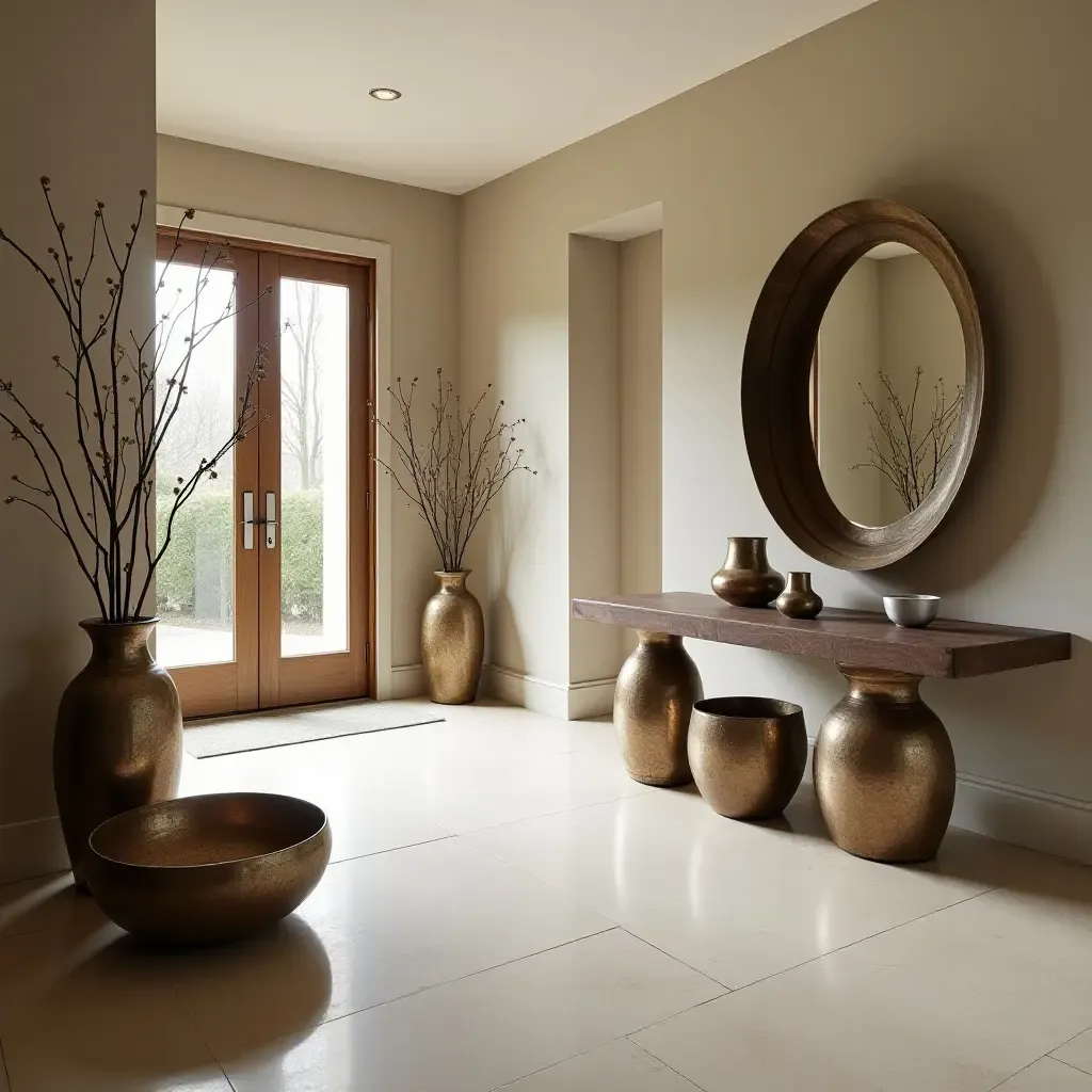 a photo of an entrance hall adorned with metallic decorative bowls