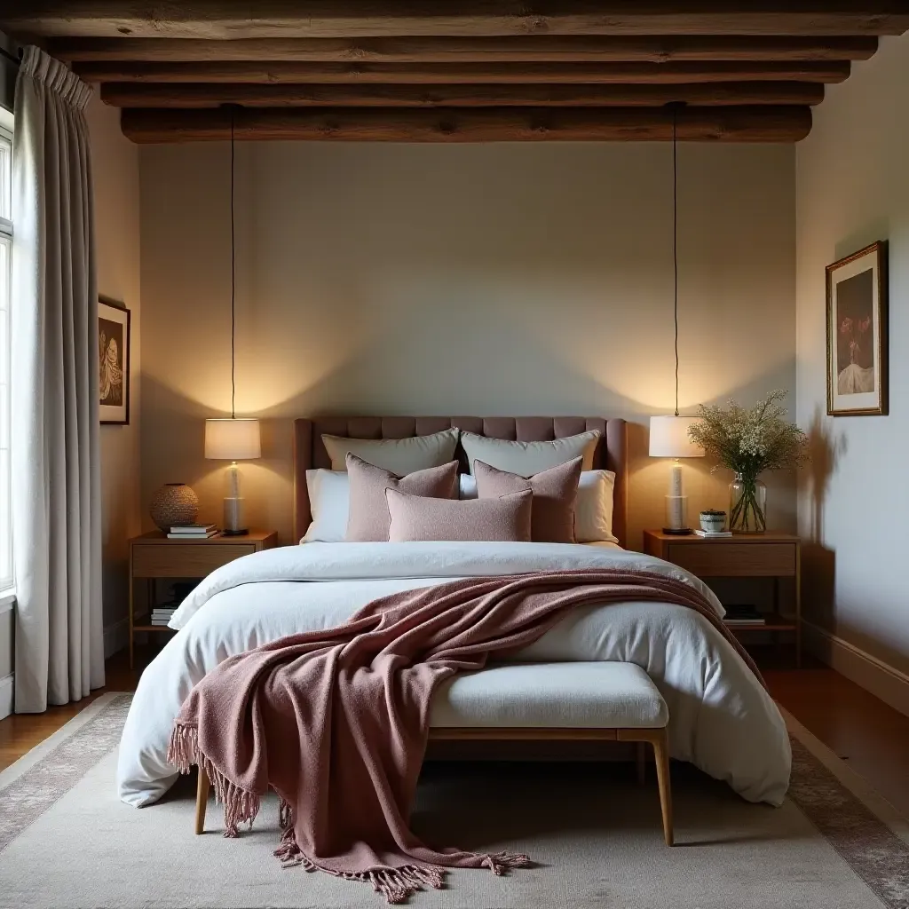 a photo of a stylish loft bedroom featuring velvet throws, reclaimed wood beams, and linen pillows