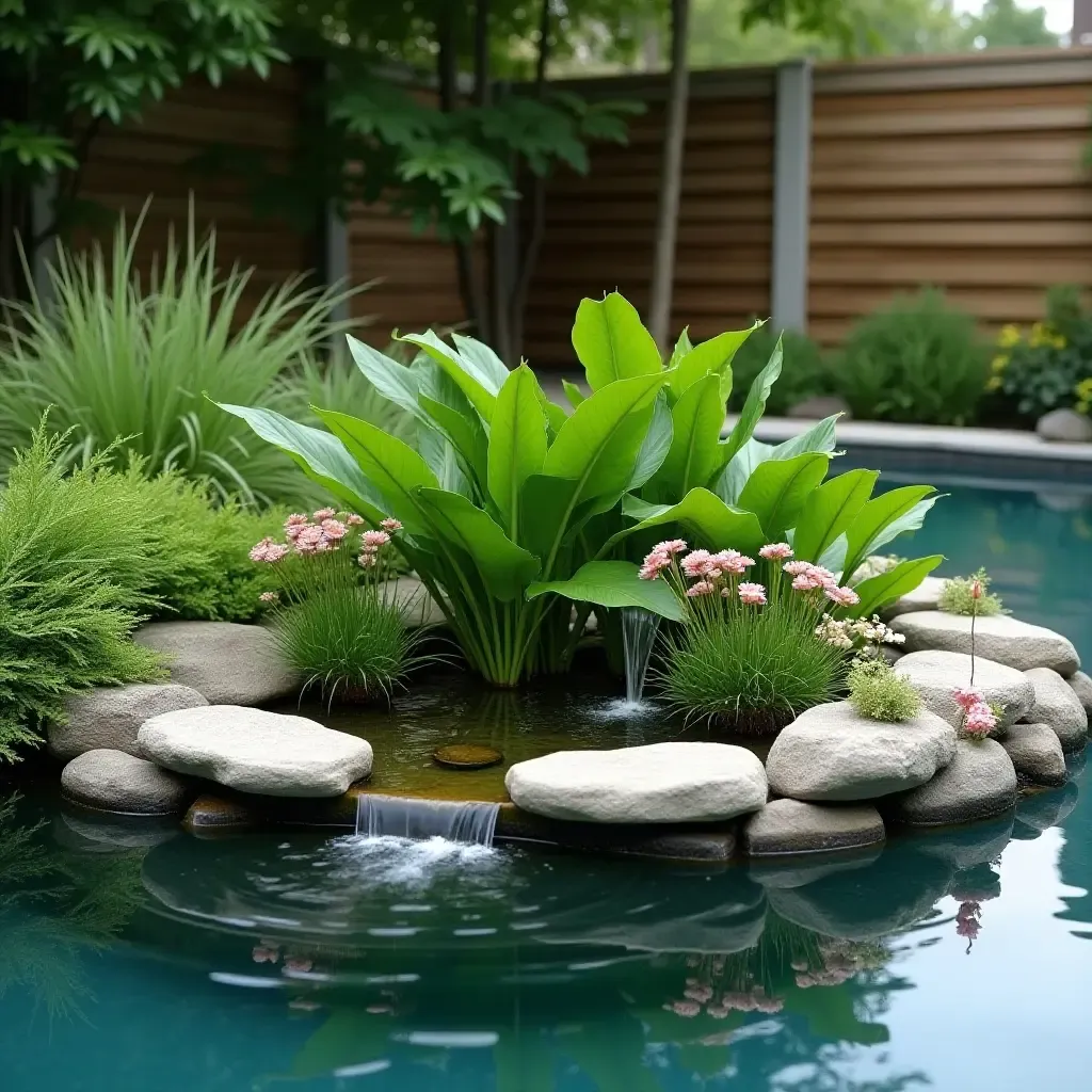 a photo of a small water feature with aquatic plants near the pool