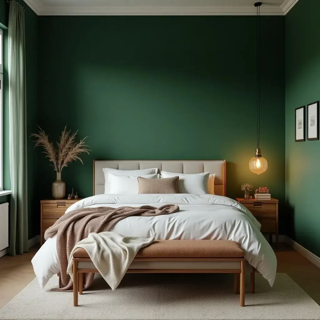 a photo of a chic bedroom with deep green walls and stylish decor